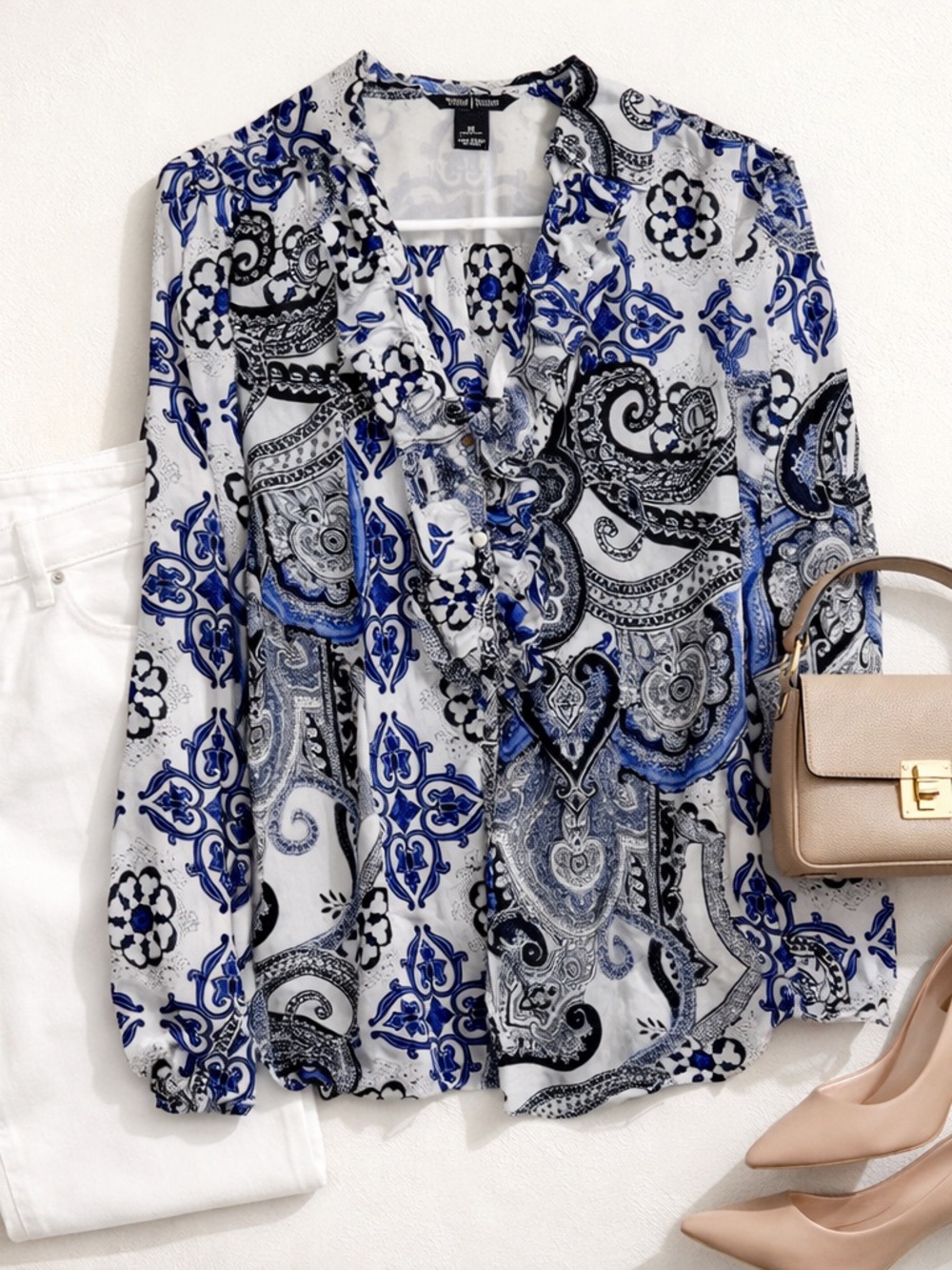White House Black Market Blue Black White Paisley Ruffle Blouse